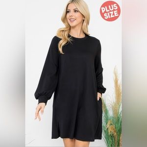2X BLACK PLUS SIZE LONG PUFF SLEEVE FRENCH TERRY DRESS WITH POCKETS